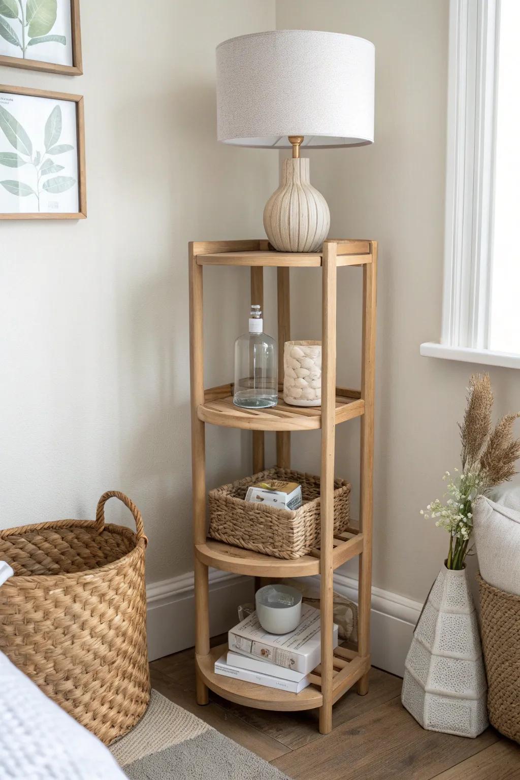 Nightstand swap: a tall corner shelf keeps essentials up top and clutter hidden below.