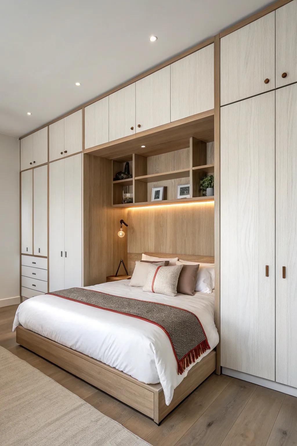 Dreamy wall-to-wall cabinets with a cozy bed cutout—hotel vibes plus hidden storage.