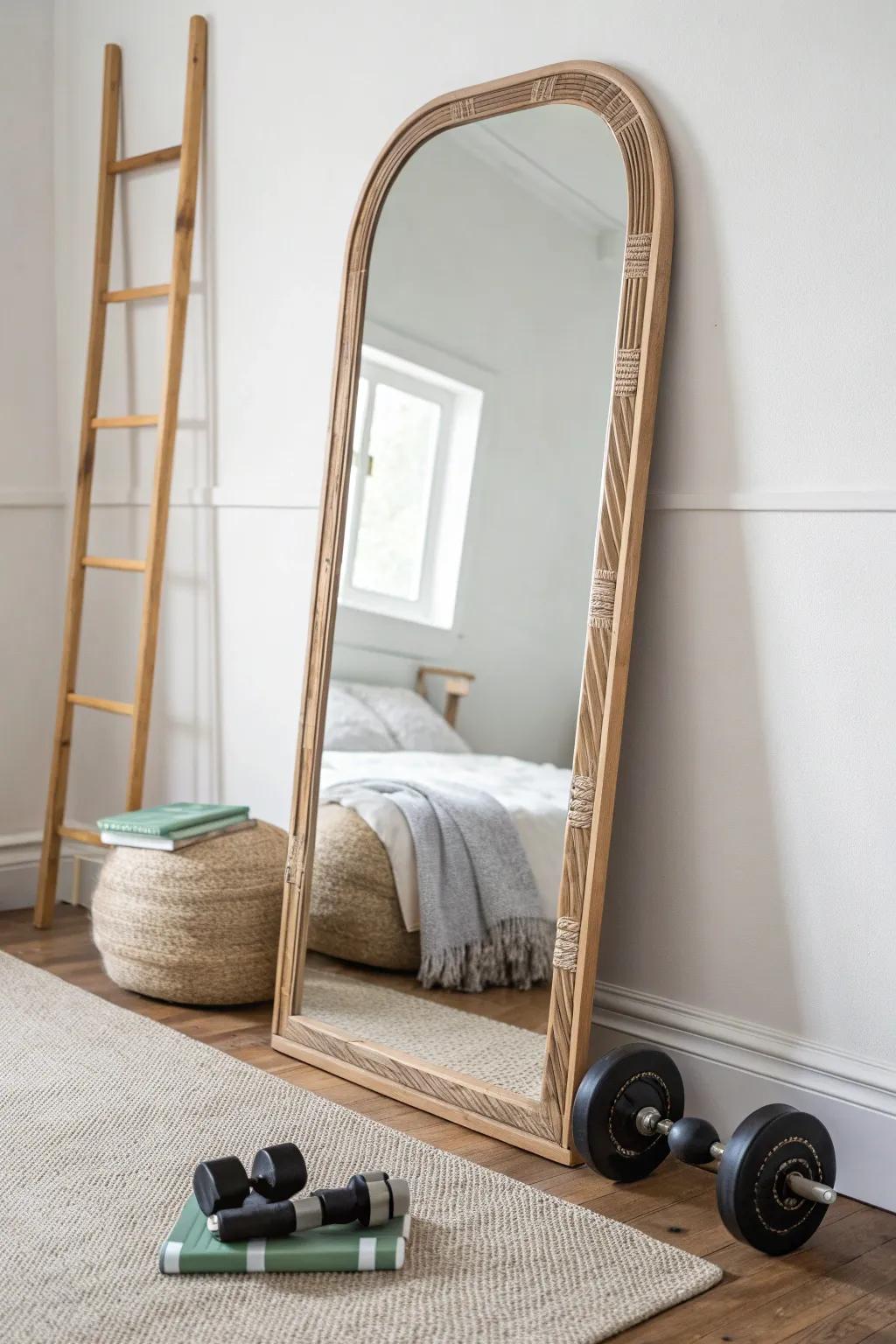 Full-length mirror = better form and a bigger-feeling bedroom gym, even in tiny spaces.
