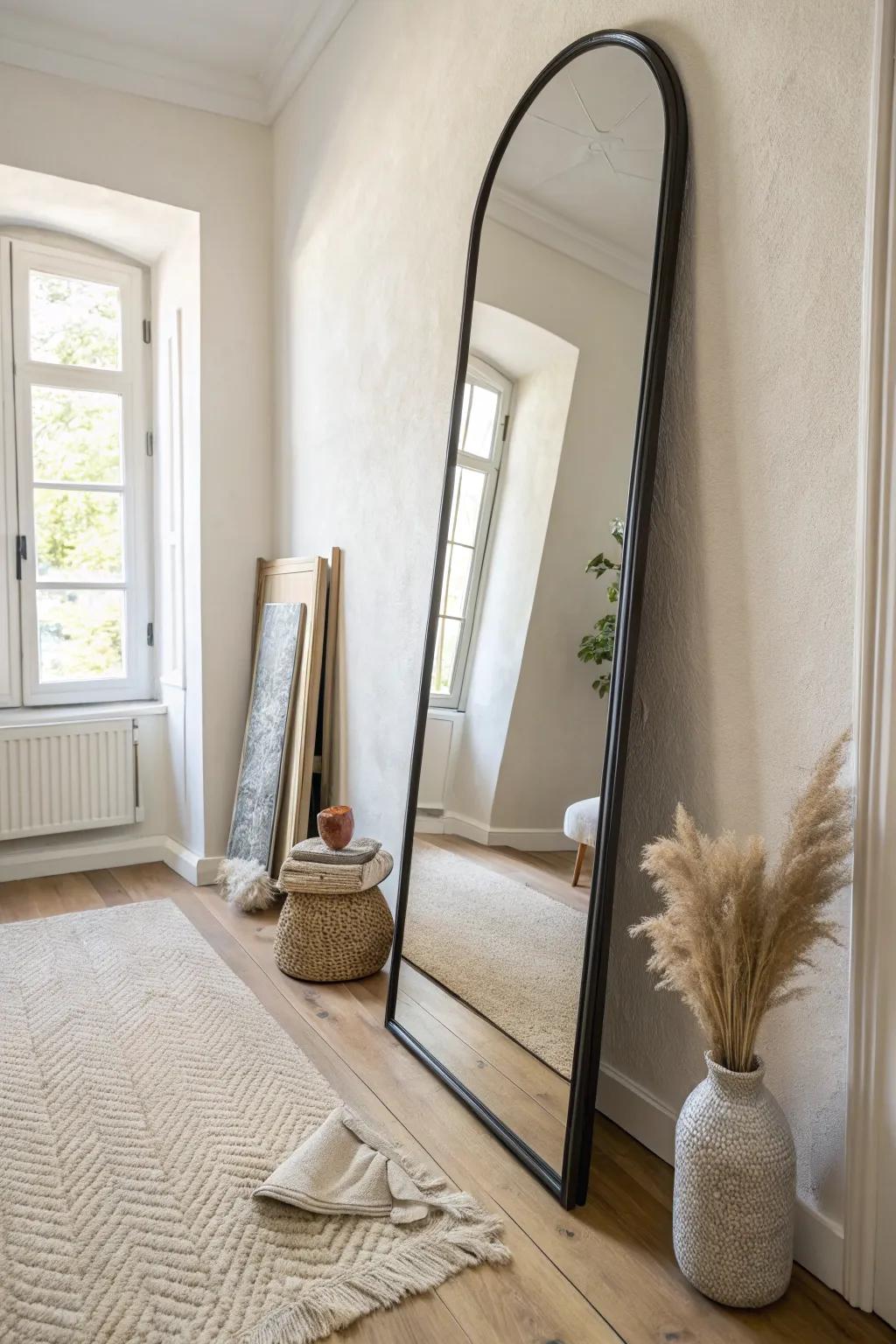 One oversized mirror by the bedroom door bounces light and makes a narrow hallway feel wider.