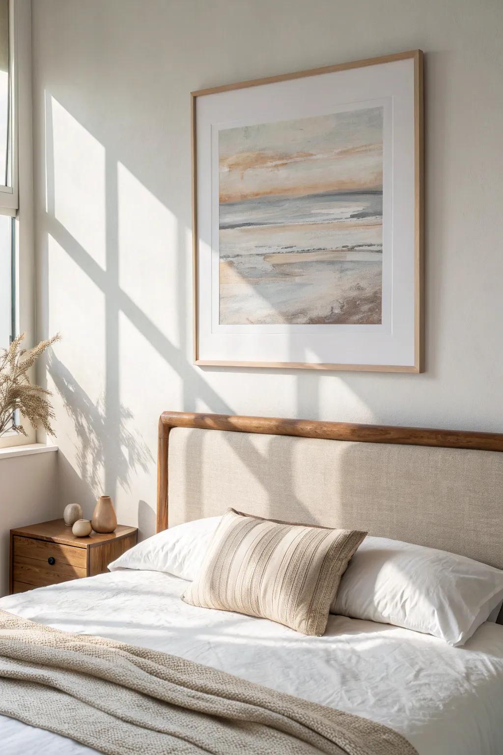 Neutral art + an oversized mat creates an airy, grown-up gallery moment above the bed.