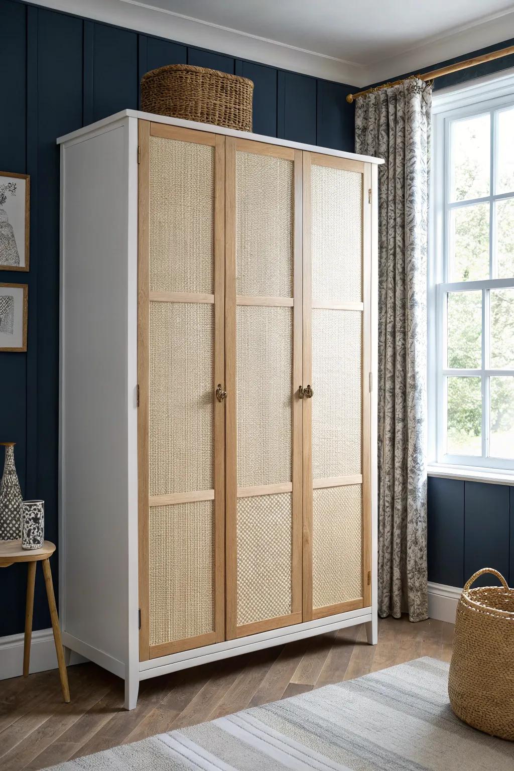 Classic hinged wardrobe doors—warm oak, cane detail, and full-access charm for small bedrooms.
