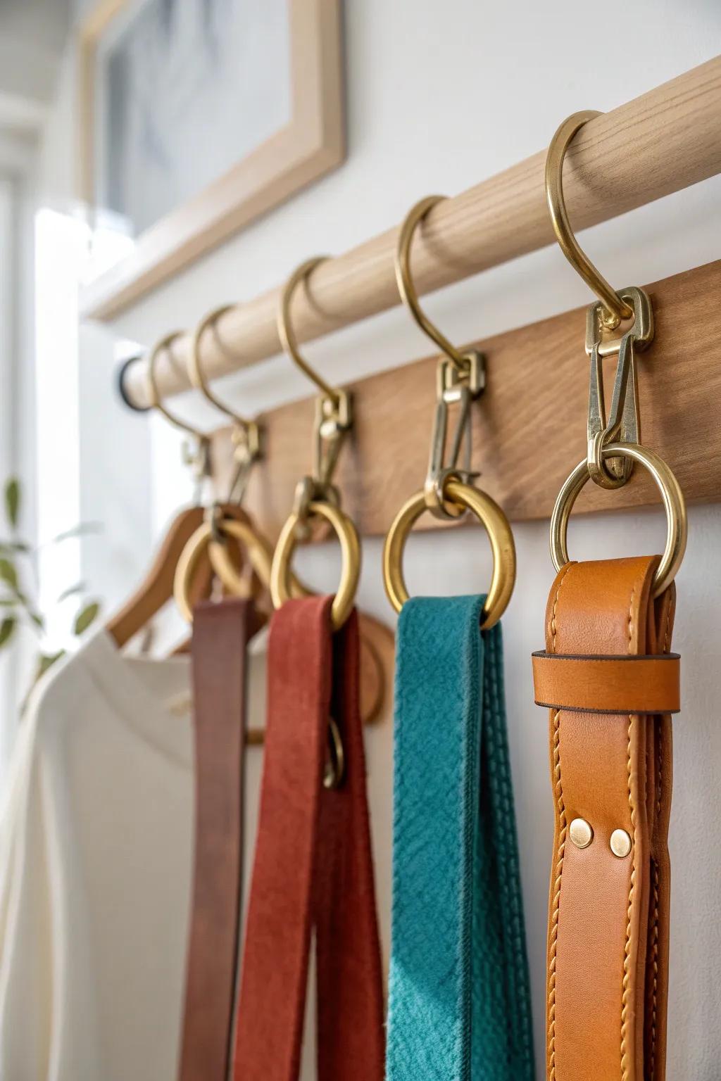 Multi-hook belt hanger keeps every belt straight, visible, and chic in a small closet.