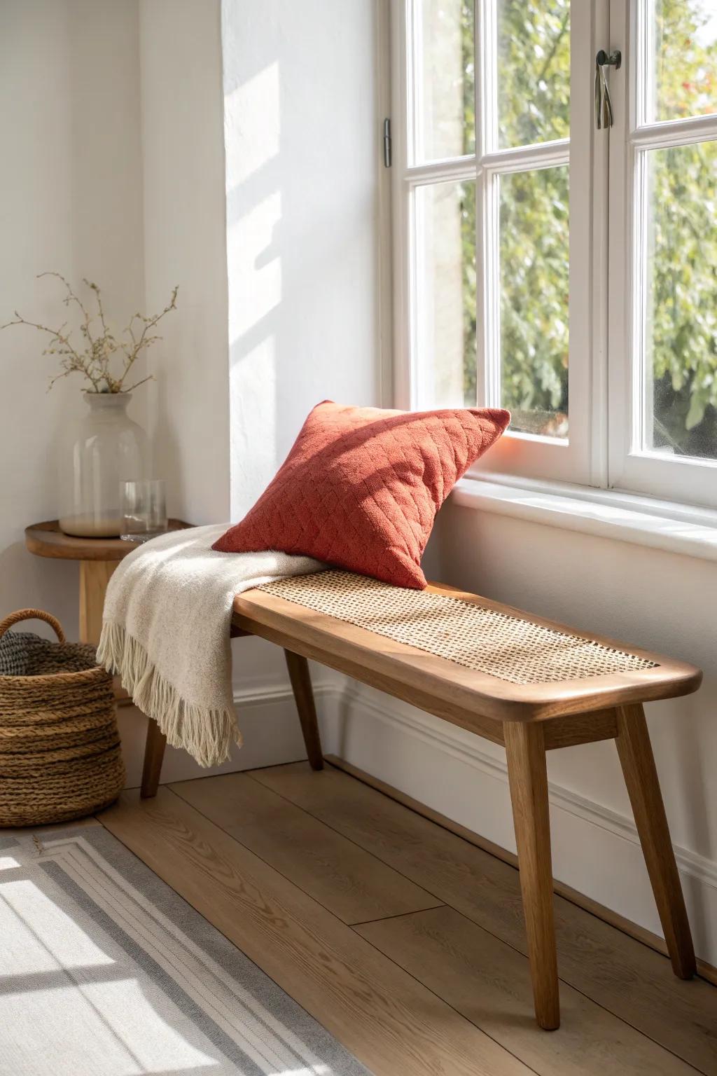 A slim oak window bench with a bold terracotta cushion—instant cozy nook for small spaces.