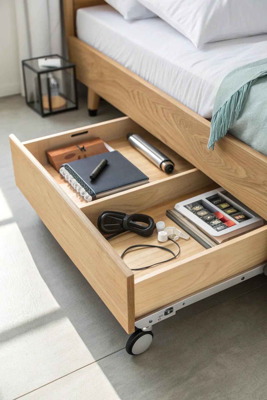 Rolling under-bed drawer storage: grab tech and supplies fast—no bin dragging on carpet.
