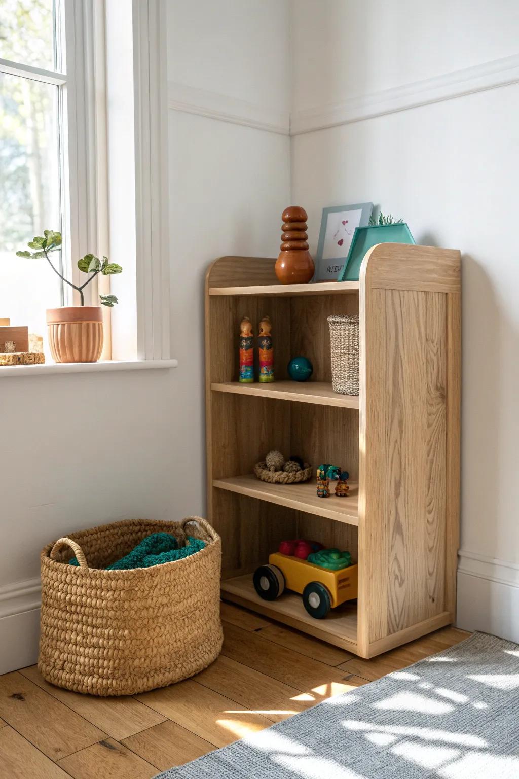 Low, kid-height shelving that keeps toys tidy—and helps little ones clean up on their own.