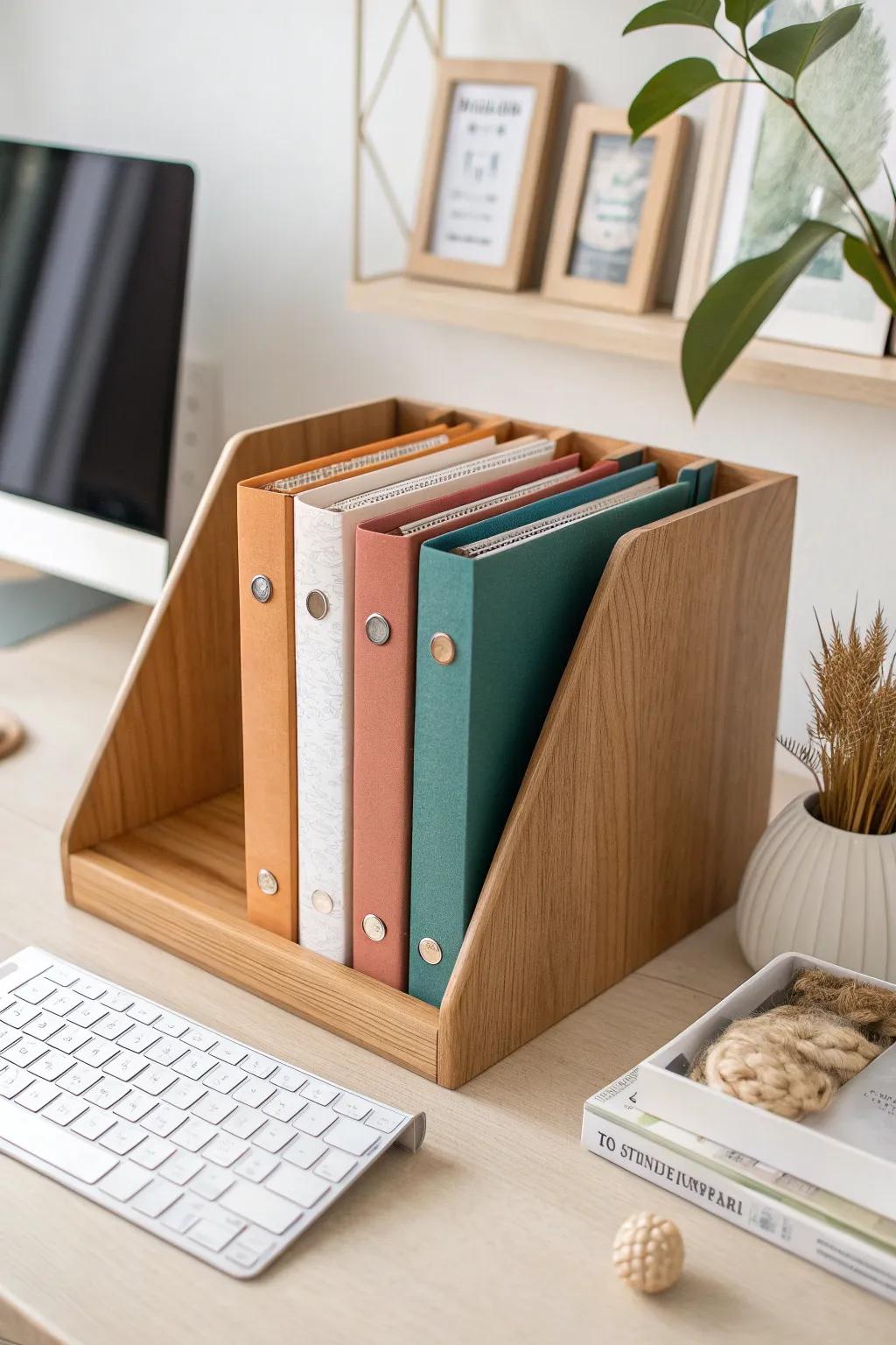 Daily binders stay grab-and-go in a chic desktop rack—spines forward, clutter gone.