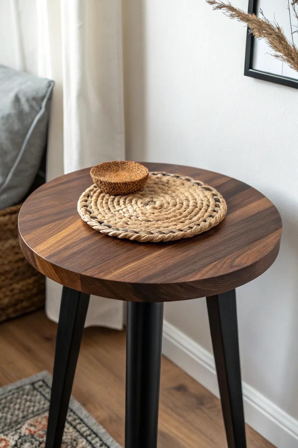 Matte black + warm walnut layering for a richer, cozy small-apartment look.