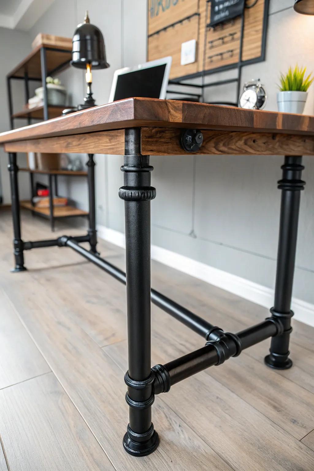 Elevate your workspace with industrial elegance: a black pipe and wood desk masterpiece.