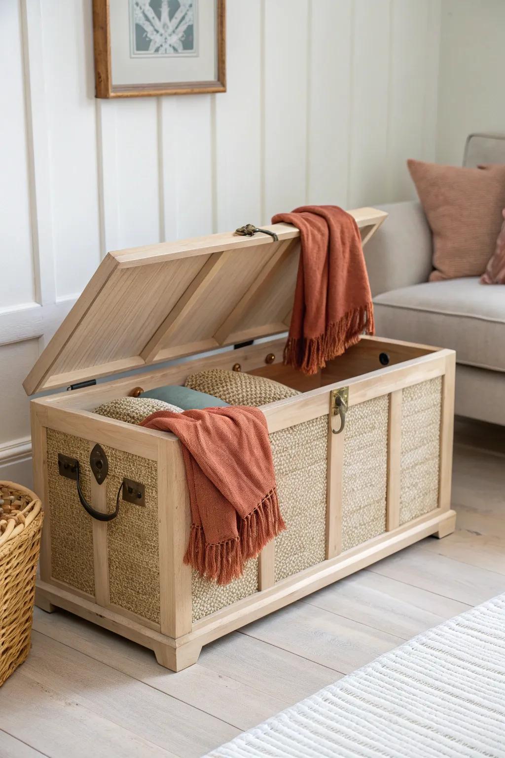 Trunk-style coffee table blanket storage—minimal, beautiful, and ready for guests in seconds.