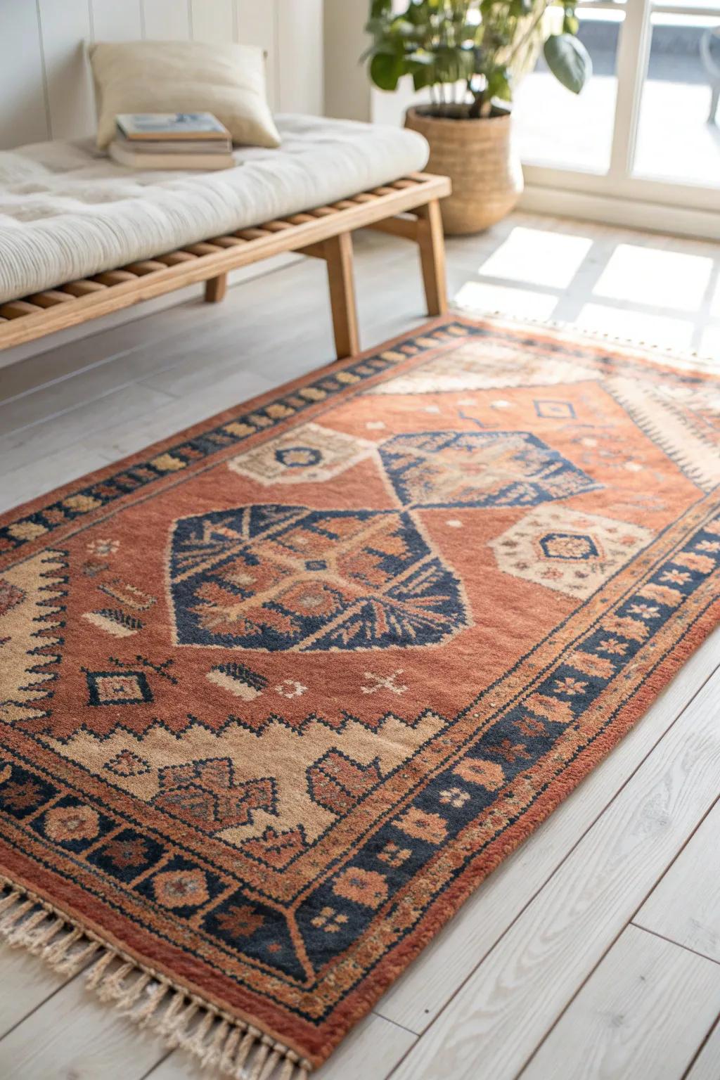 A faded vintage rug under the daybed’s front legs instantly grounds the whole boho nook.