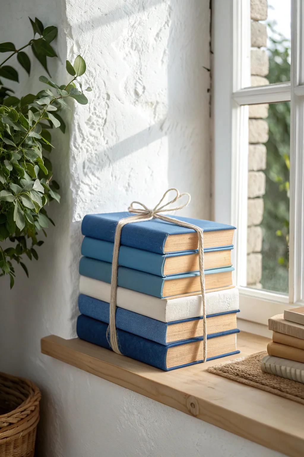 Color-blocked book stack turns a tiny shelf into calm decor—creams, blues, and bold pops.