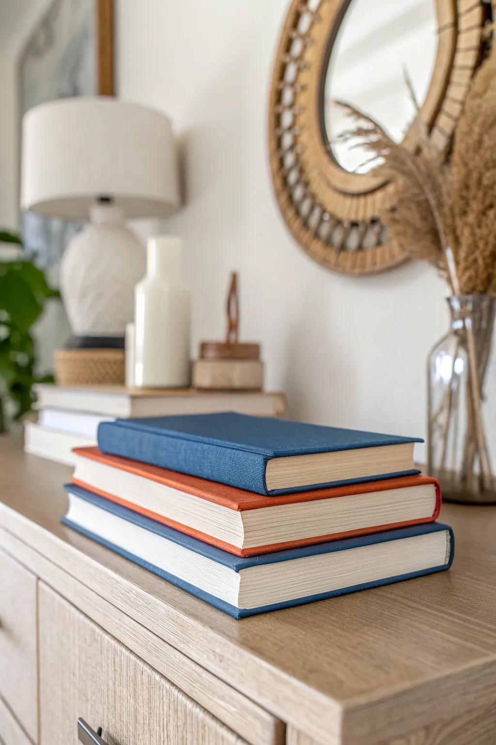 A short, curated book stack turns your entryway console into an intentional landing zone.