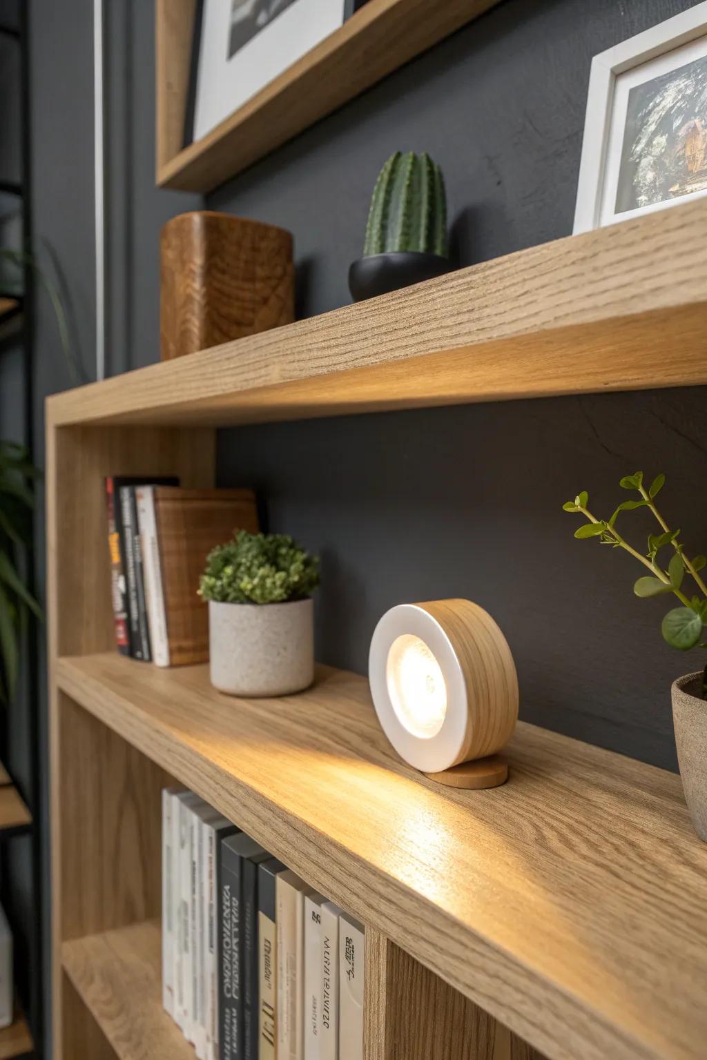 One puck light, one perfect spotlight—turn a dark shelf into a gallery moment.