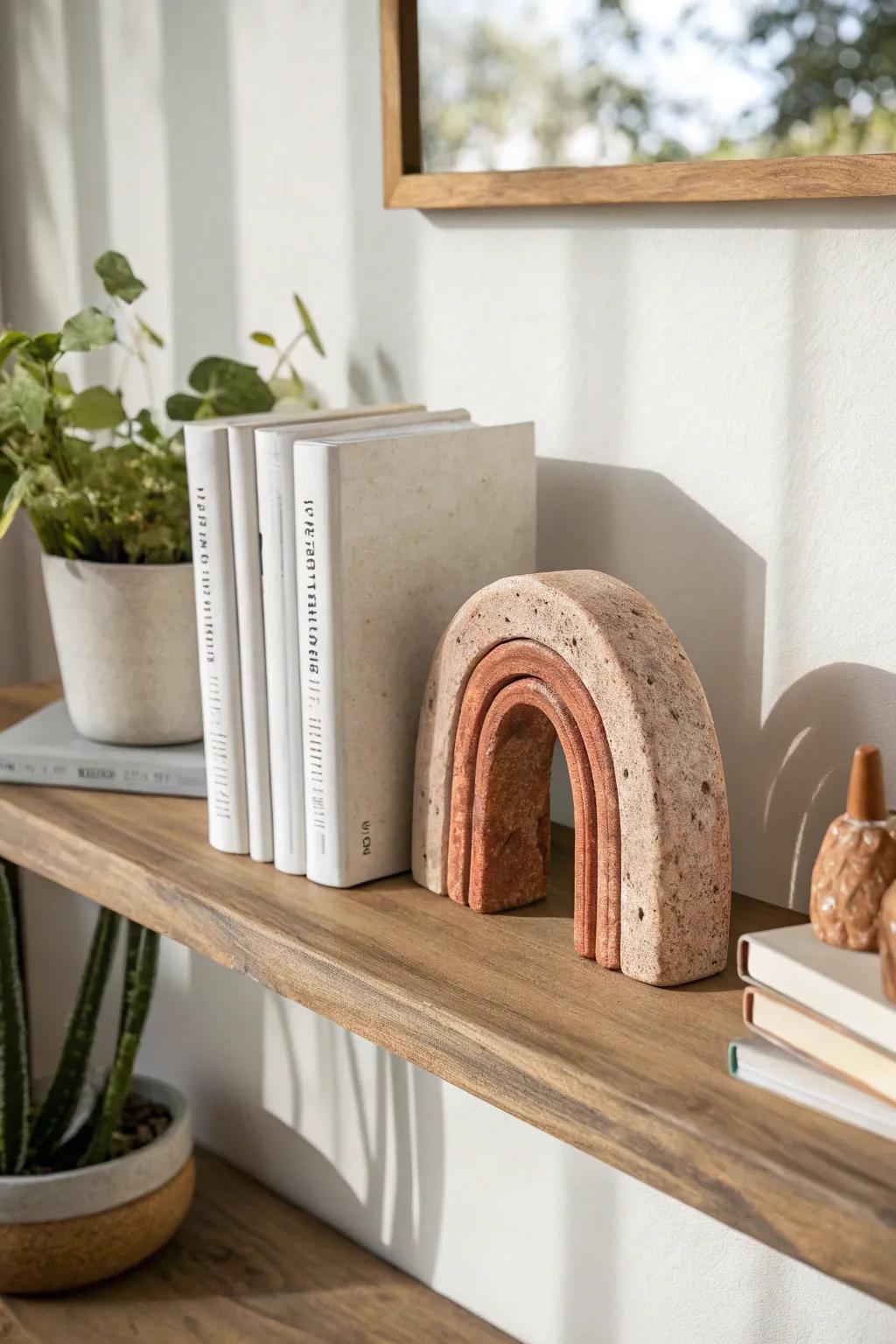 Sculptural bookends add structure and style—mini art pieces that anchor every shelf.