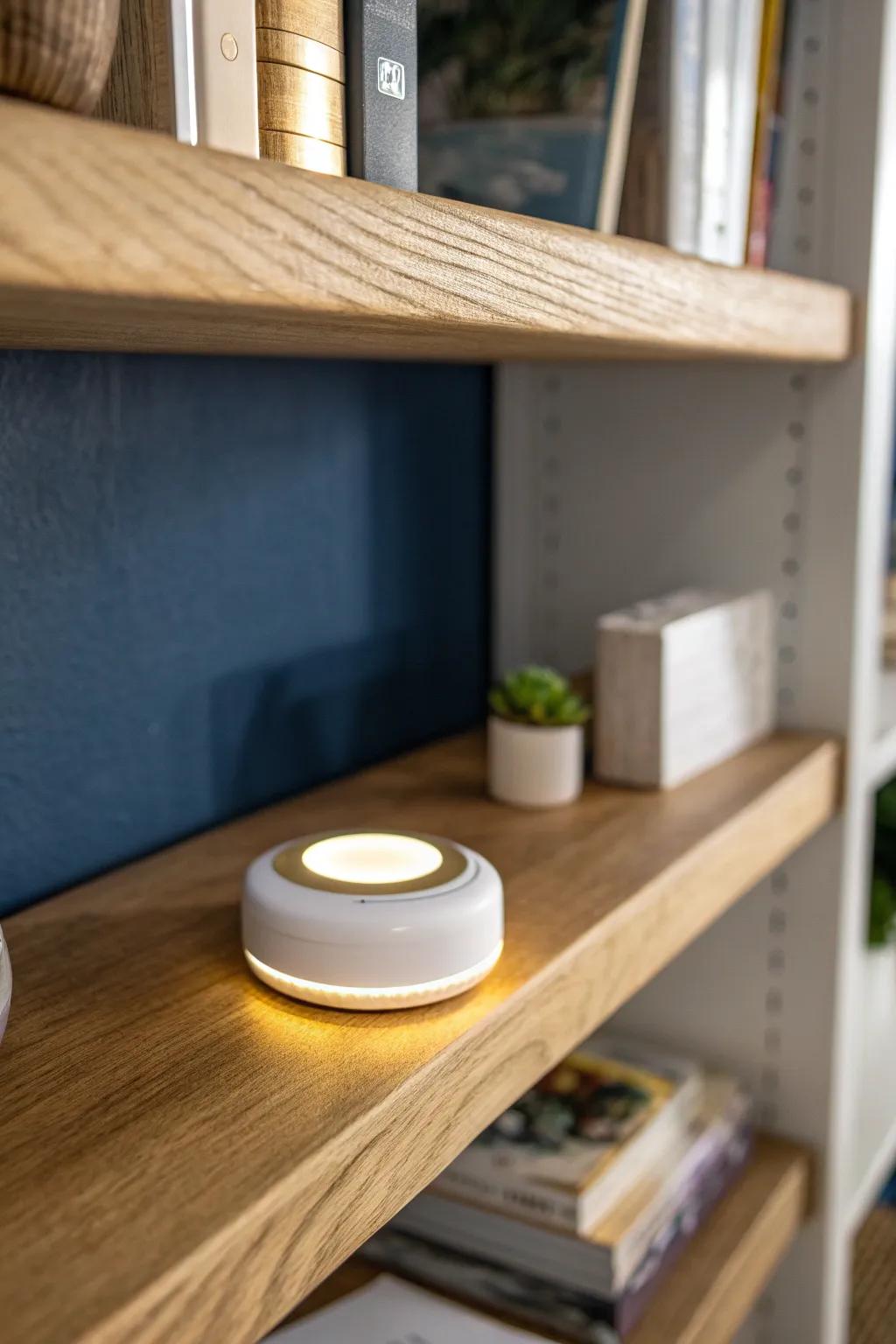 Cord-free battery puck light: renter-friendly glow for shelves where outlets don’t reach.
