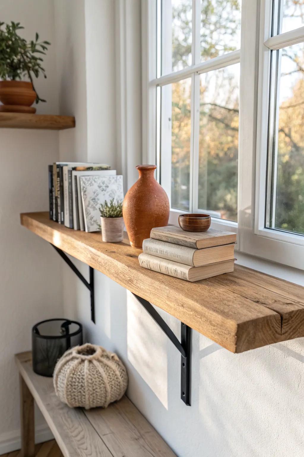 A bridge shelf over the window unites side bookcases and keeps rarely-used reads elevated.