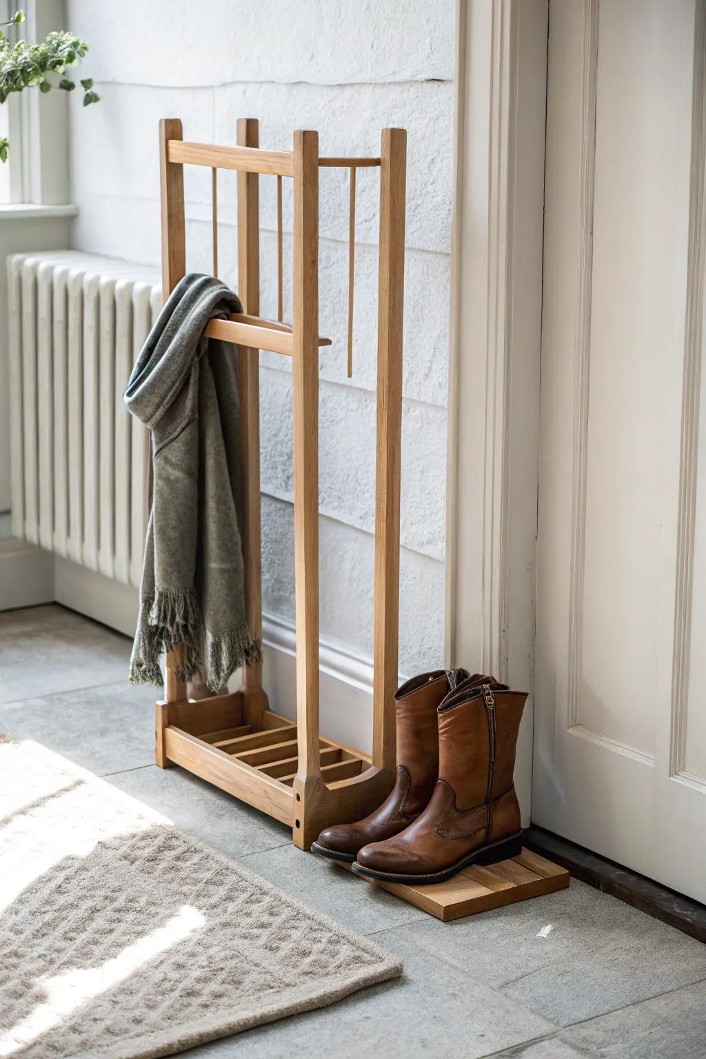 Slim toe-slot boot rack keeps hallways clear—muddy soles tucked away, boots standing tall.