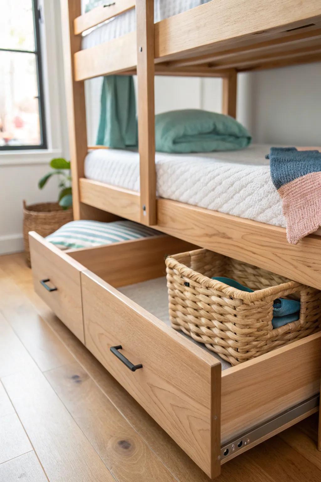 One drawer per kid: under-bunk storage that keeps socks and treasures from migrating.