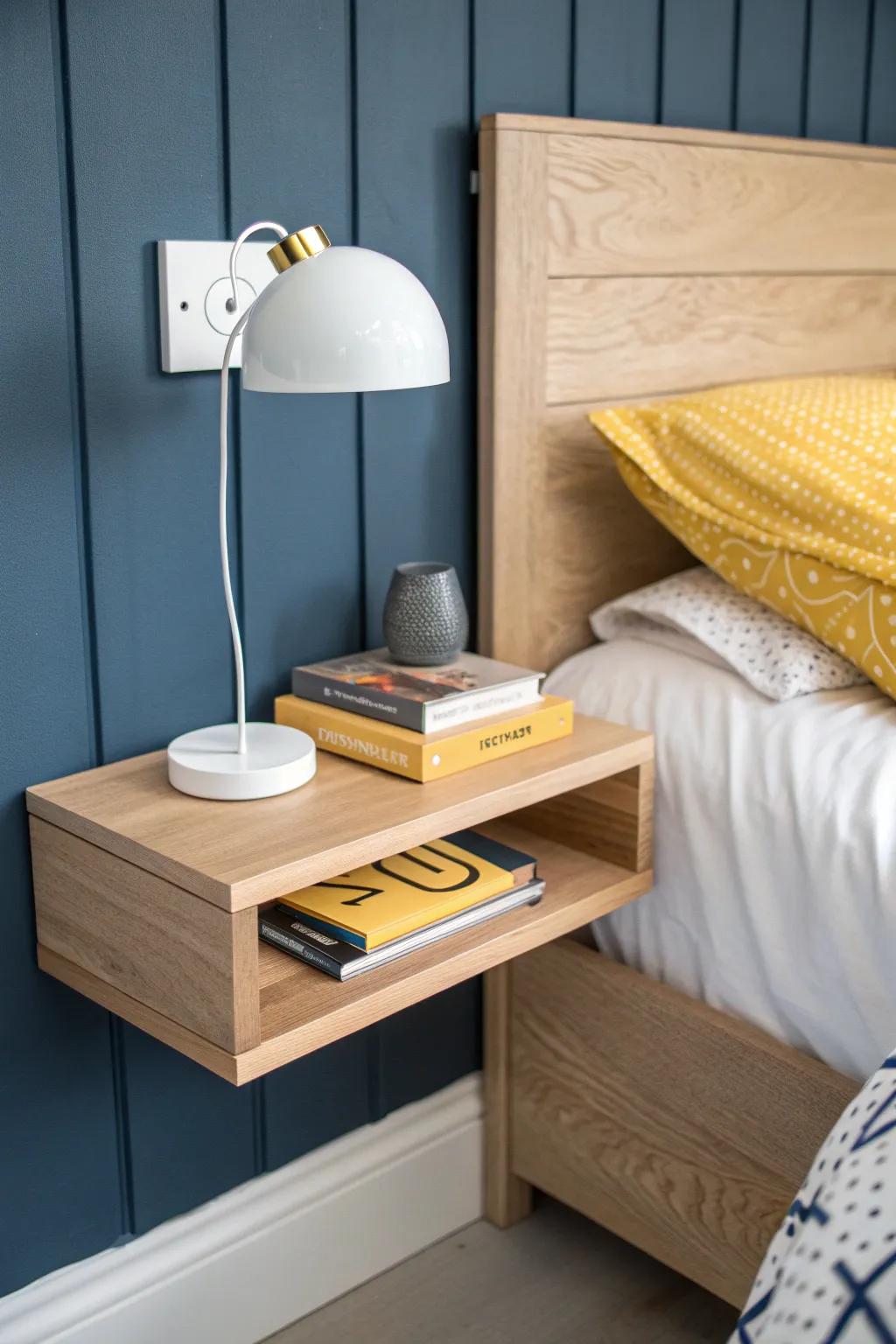 Swap a bulky nightstand for a floating shelf to save floor space in a small boys’ room.