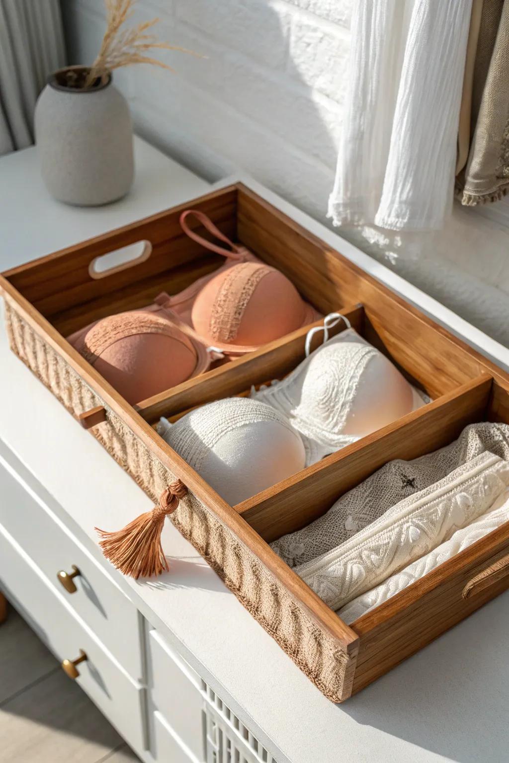 A “This Week” bra tray: neatly folded favorites in one chic, chaos-proof drawer spot.