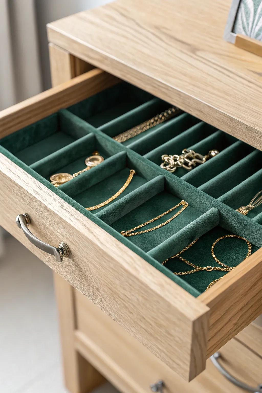 Velvet-lined drawer organizer: a hidden, snag-free home for bracelets with luxe contrast.