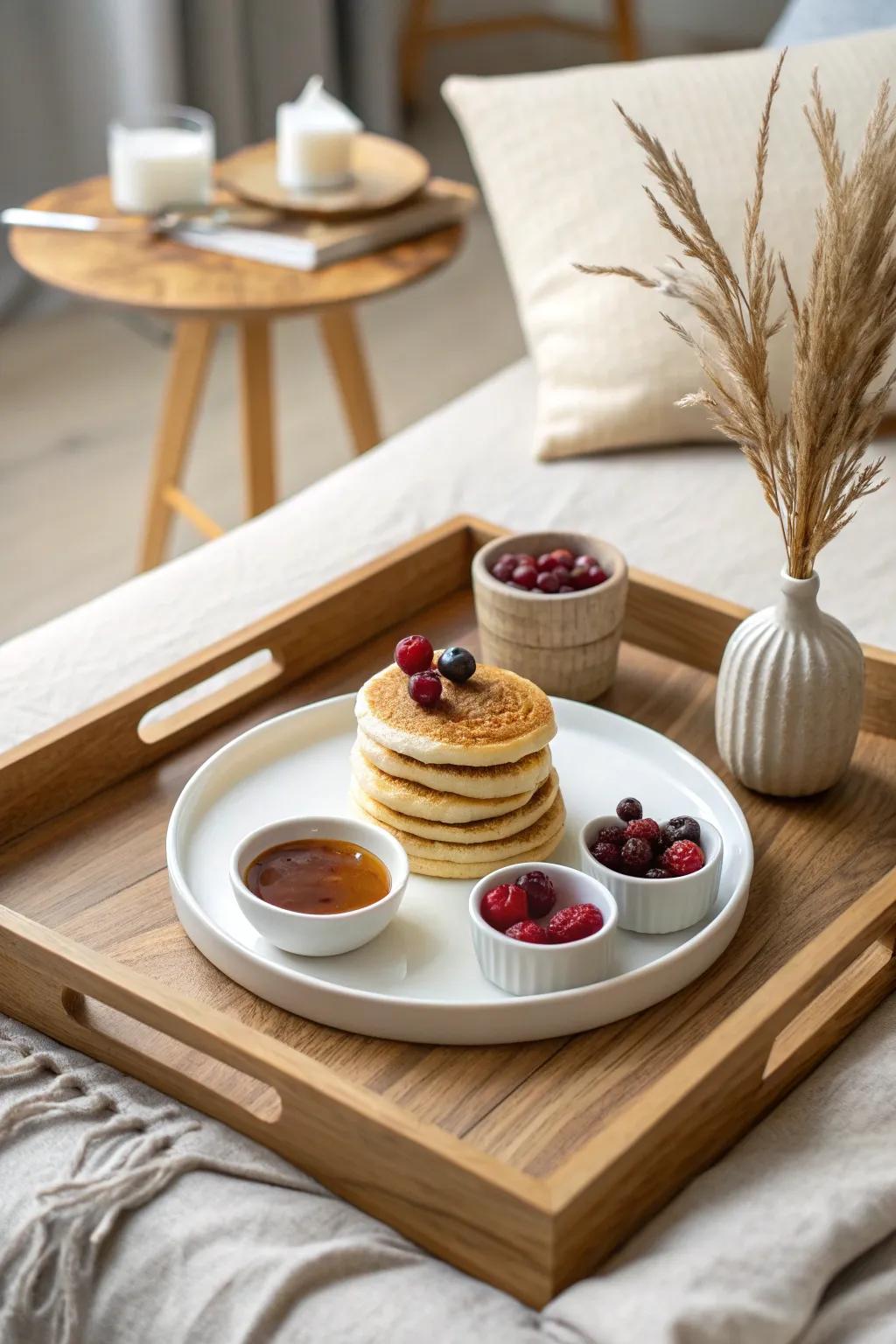 Pancake toppings tray: syrup, berries & butter in ramekins—no more tiny-table floods.