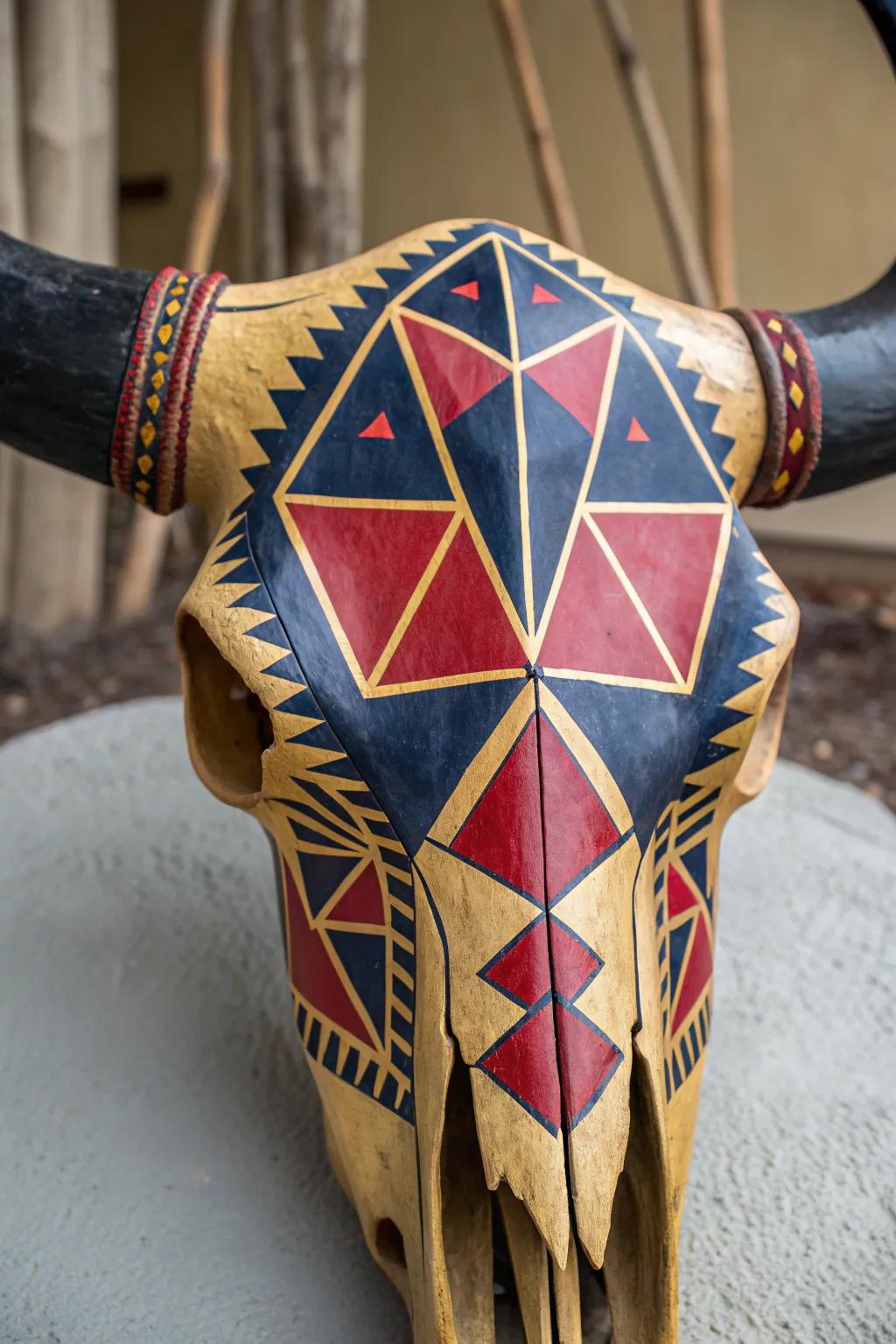 Transform tradition with modern geometric flair on a buffalo skull.