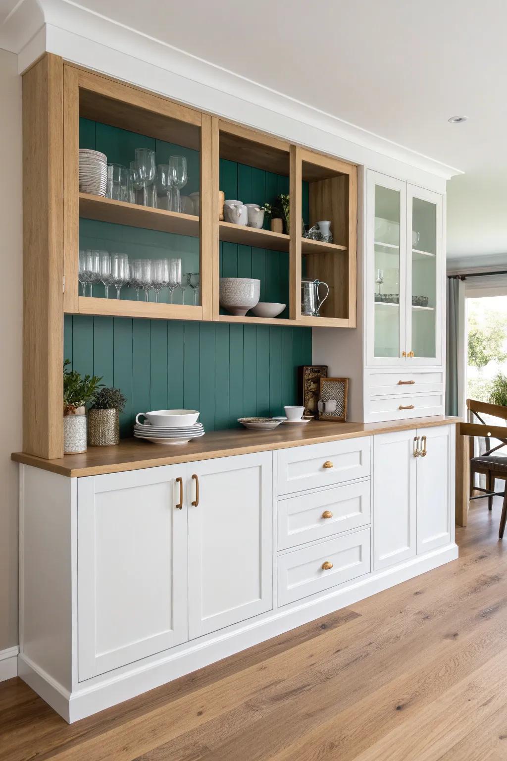 Built-in dining hutch + buffet: pretty dishes on display, everyday serving pieces tucked away.