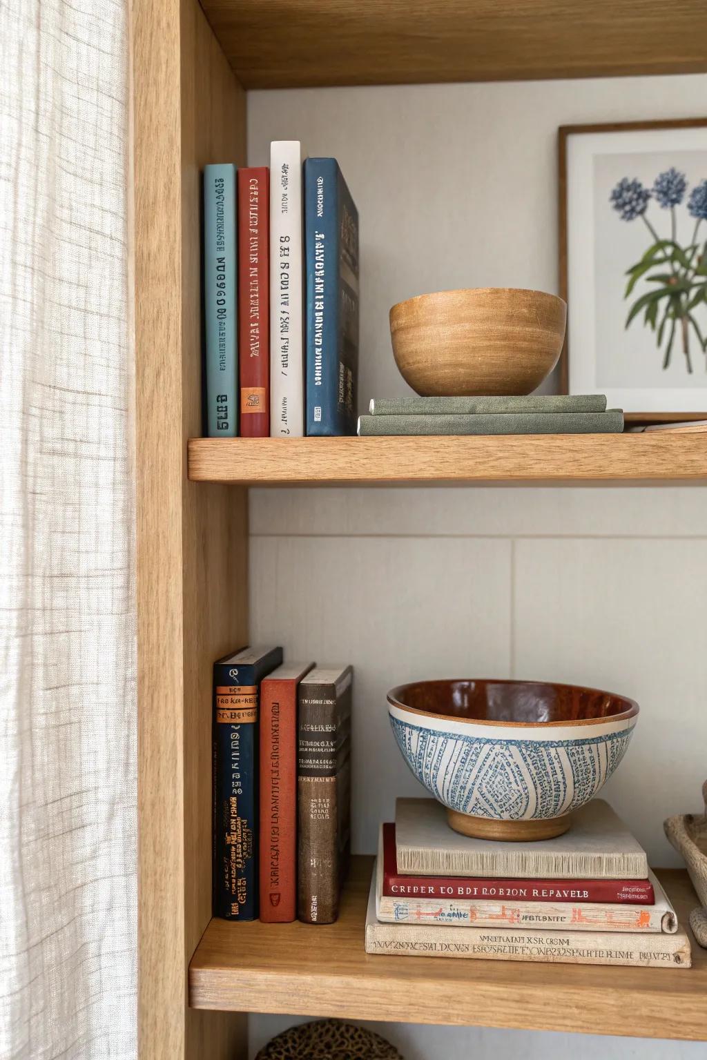 Mix upright books with stacked risers—top with a ceramic bowl for effortless built-in shelf style.