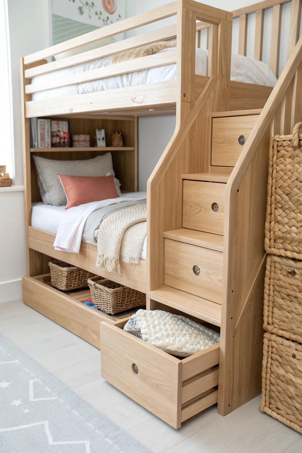 Stair-drawer steps that double as hidden storage—safer for kids and calmer mornings.