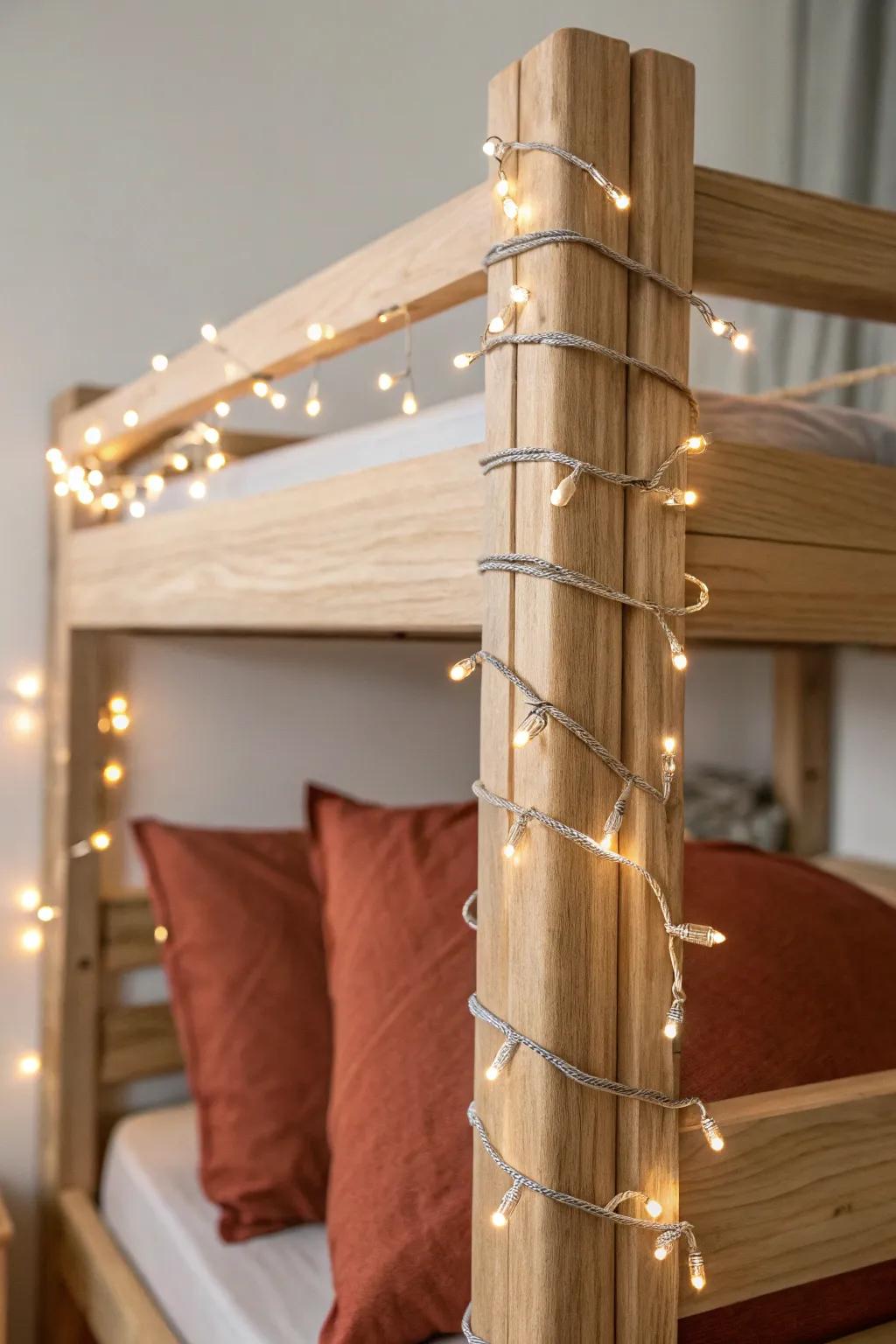 Warm string lights wrapped tight on a bunk bed frame for a cozy, snag-free glow.