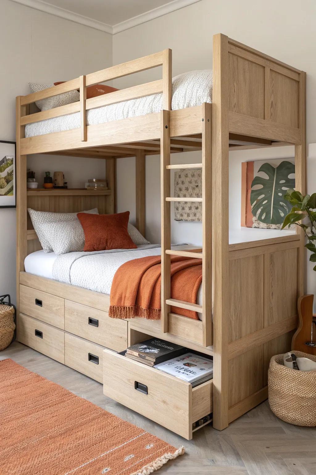 Bunk bed, big storage—sleek pullout drawers keep small rooms calm and clutter-free.