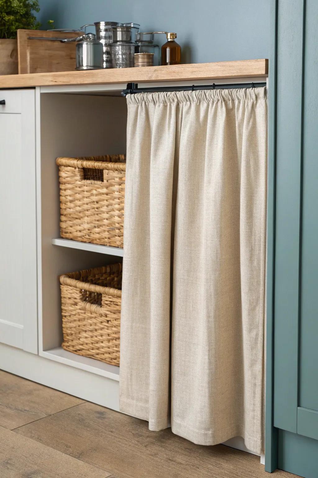 Linen-look neutrals soften small kitchens—hide storage baskets behind an airy cabinet curtain.