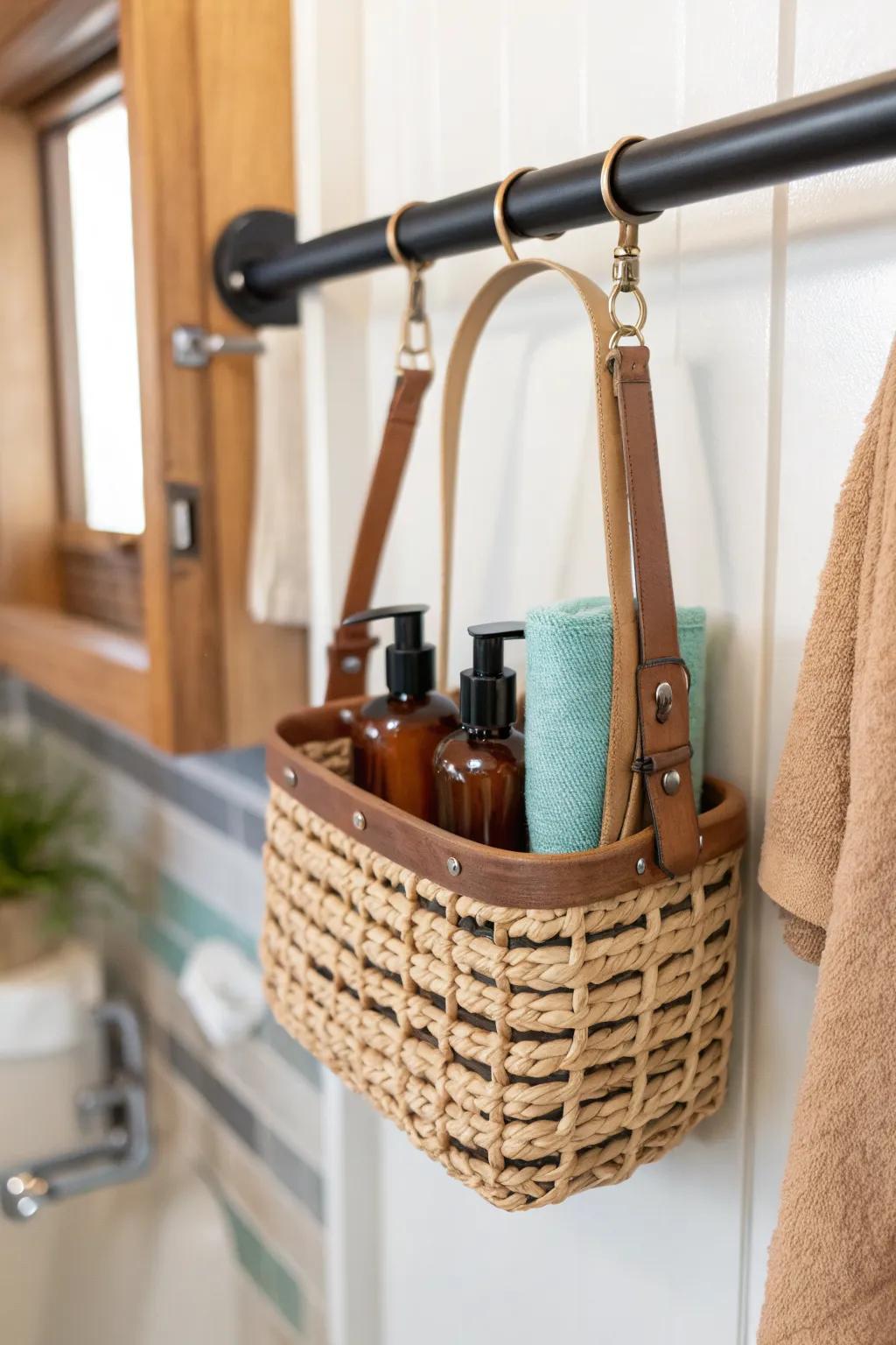 Lift-down shower caddy: tidy camper storage that removes fast for travel days—no spills.