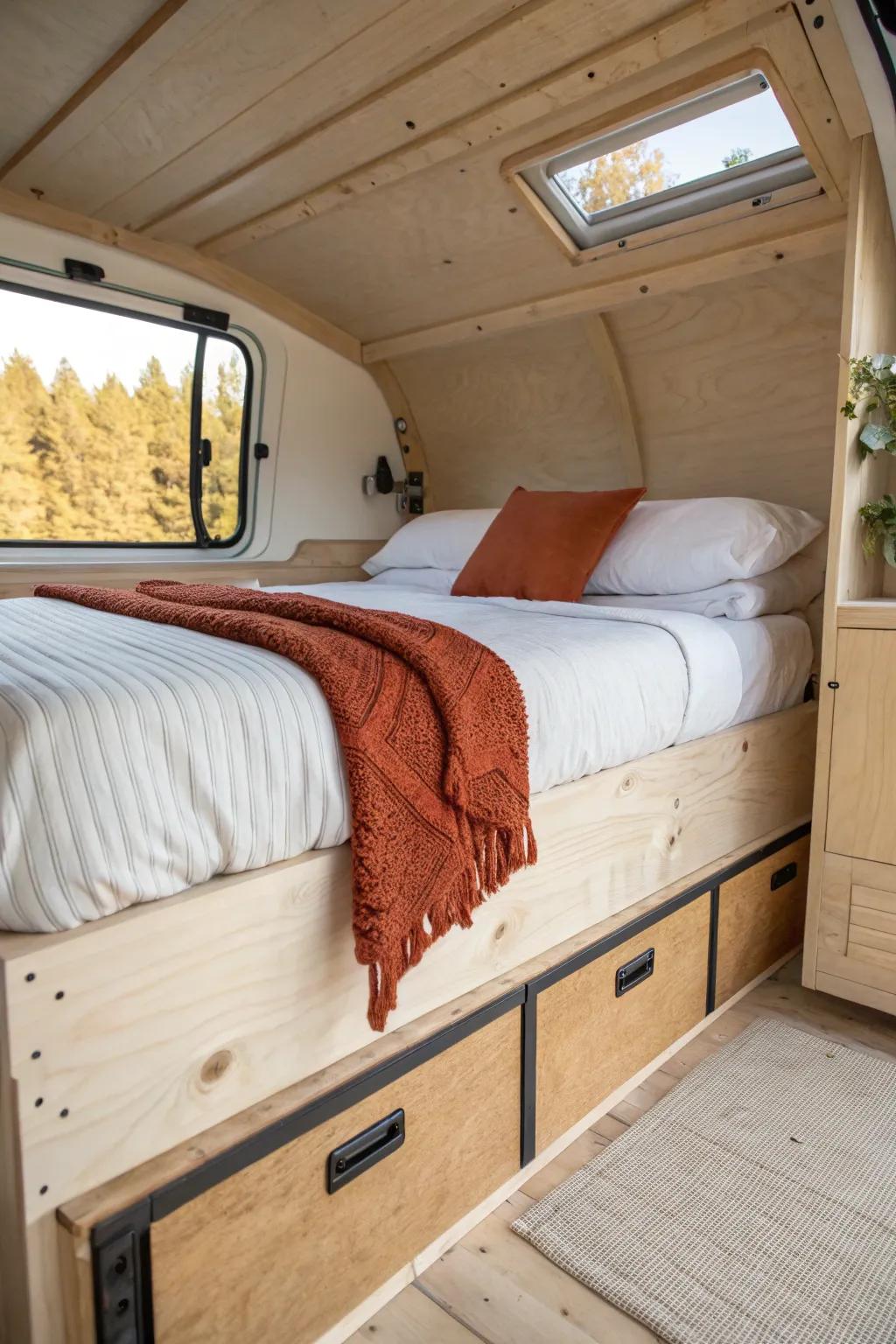 Lengthwise van bed for tall sleepers—airy studio vibe, warm birch wood, bold terracotta pop.