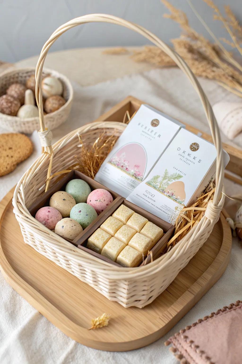 Indulge in a serene tea time with this exquisite Easter basket of tea-infused delights.