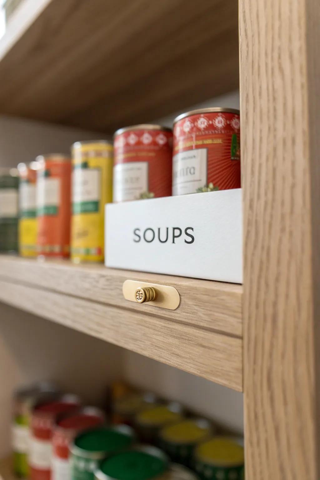 Removable shelf-edge labels keep canned food categories tidy, flexible, and easy to find.