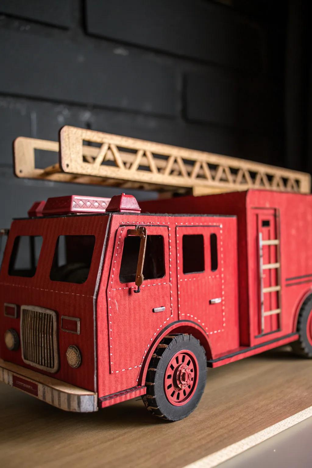 Ignite young imaginations with a handcrafted cardboard fire truck, where bold colors and fine craftsmanship meet adventure.