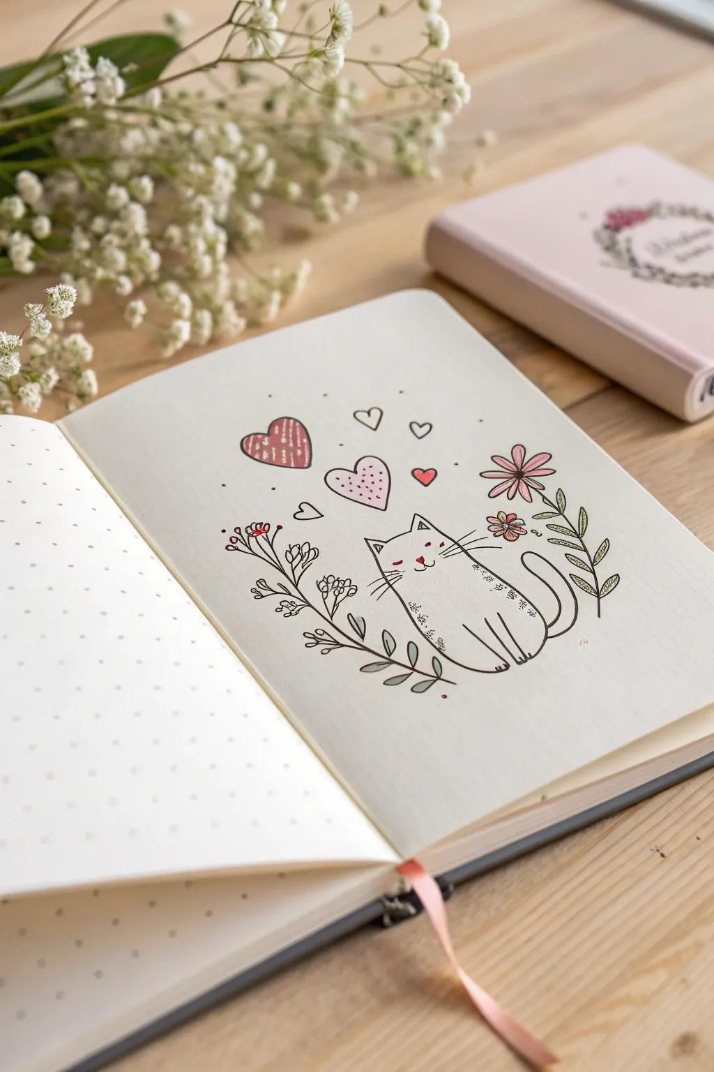 Unleash your creativity with whimsical cat doodles, surrounded by charming decorative elements for a touch of magic.