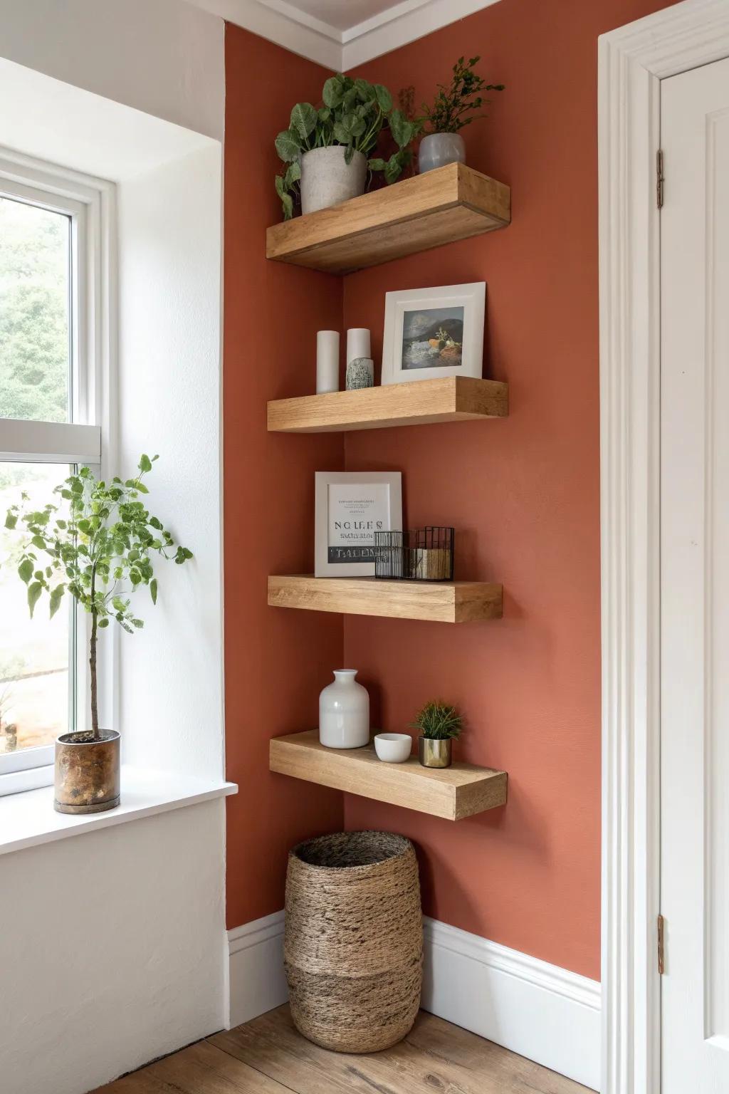 Turn dead corners into airy storage with a wrap-around ceiling shelf in warm wood tones.