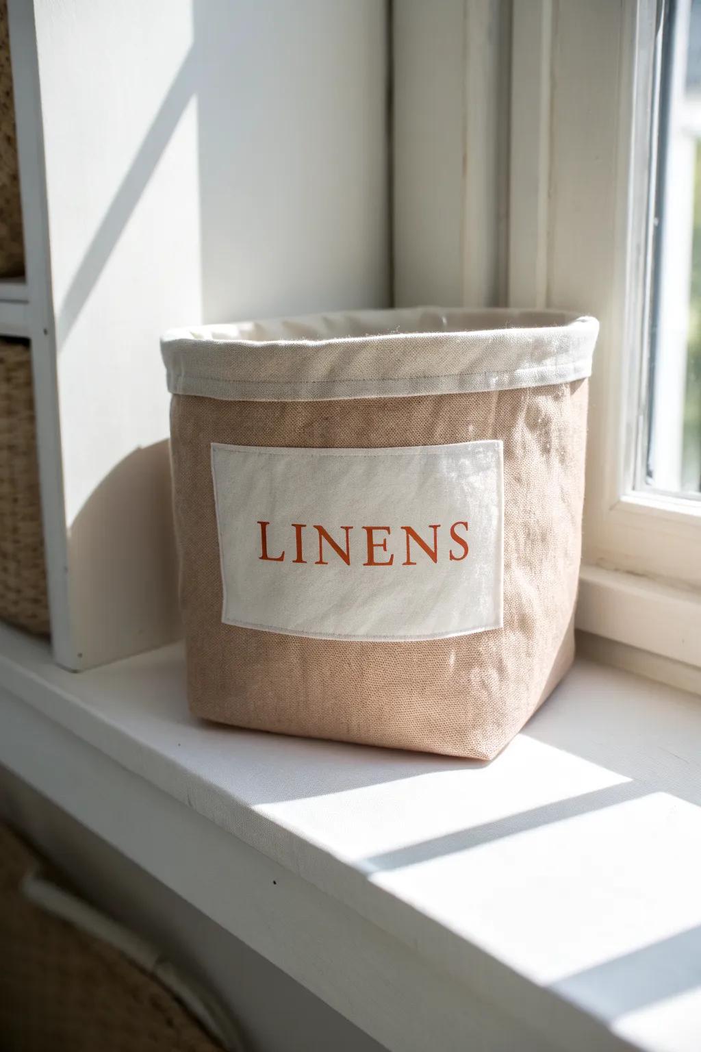 Paper labels + clear tape make one bin look intentional—and keep small spaces effortlessly tidy.