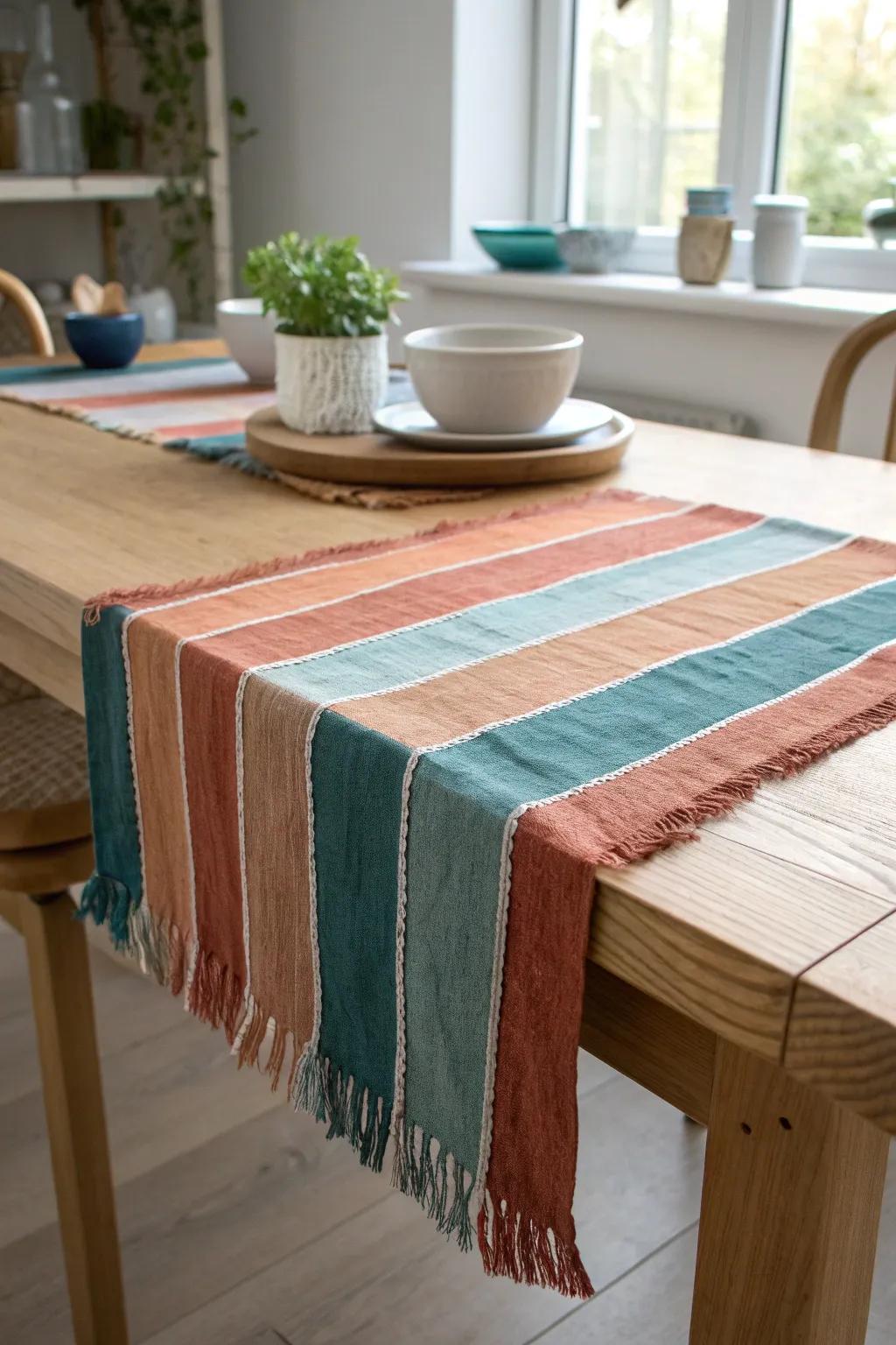 DIY scrap-fabric table runner: cozy, bold color, zero-cost style for a small table.