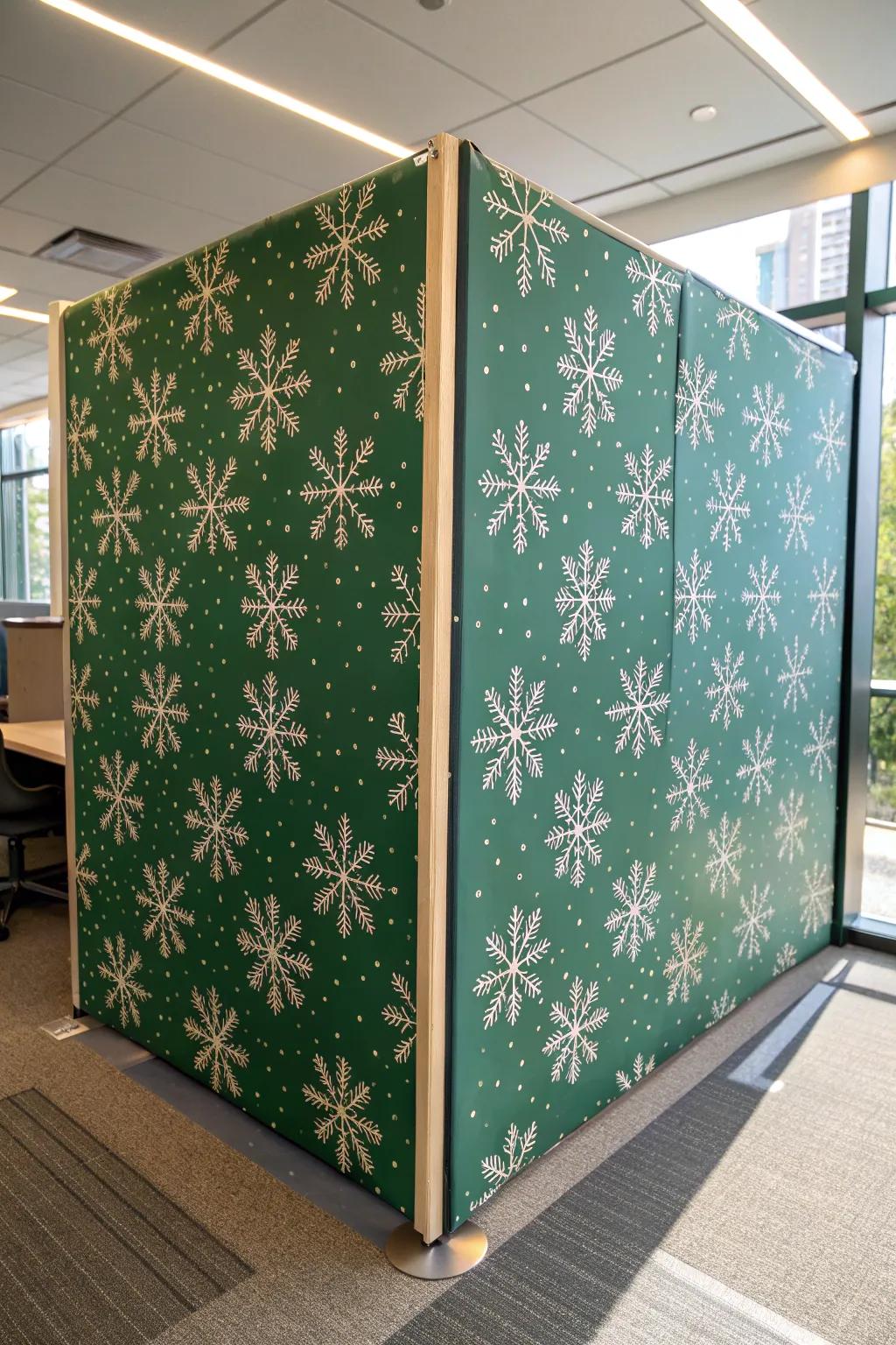 Instant holiday feature wall: removable wrapping-paper wall wrap for a chic, cozy cubicle.