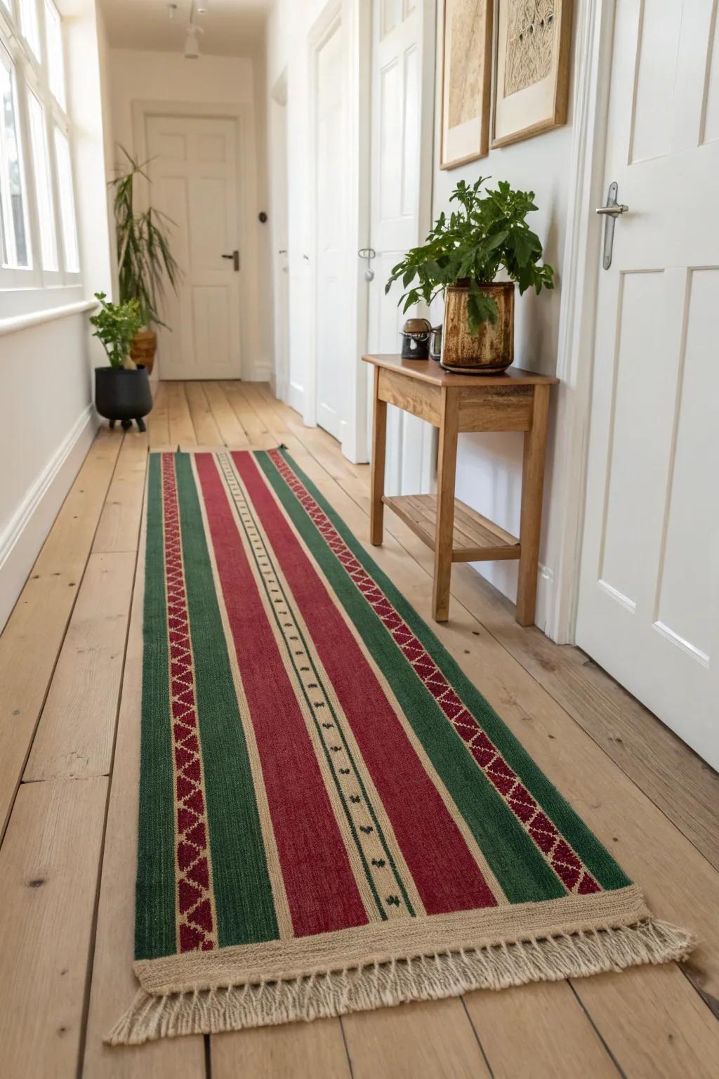 A washable holiday runner adds instant Christmas warmth—bold color, zero extra space.