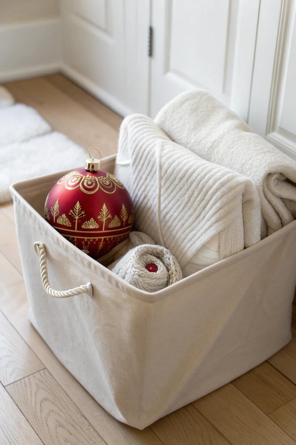 Protect oversized ornaments in a towel-lined bin—simple, cozy storage with zero extra cost.