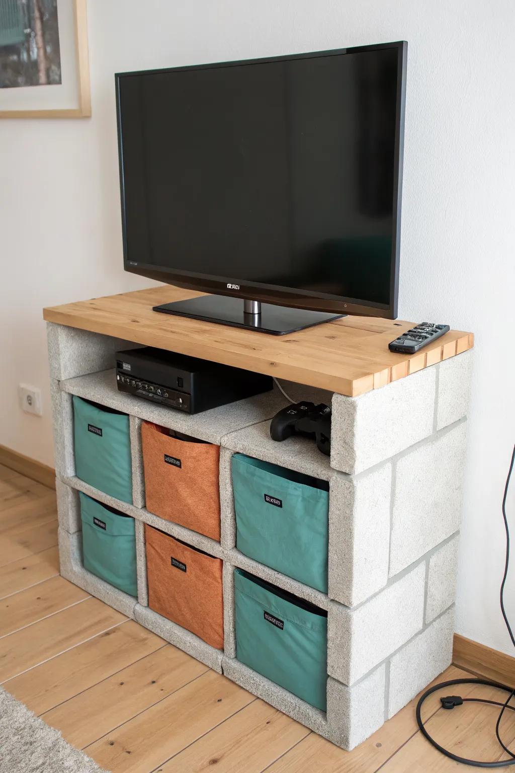 A sturdy cinder block TV stand with hidden bins—minimal, boho, and tiny-space smart.