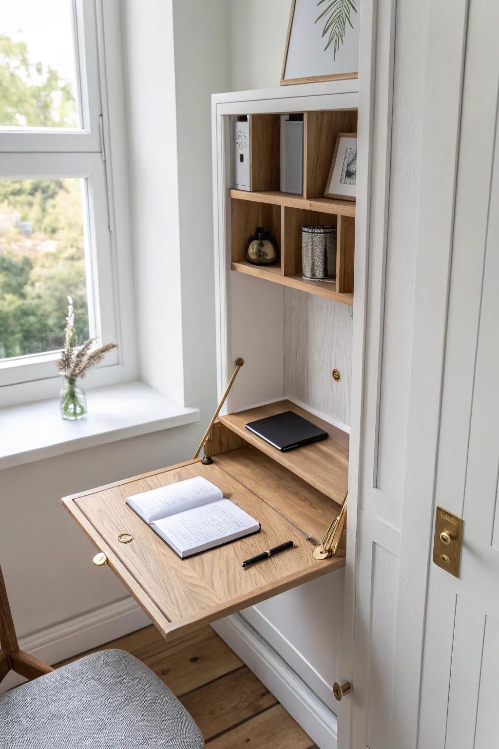 A fold-down desk turns the tightest cloffice into a calm workspace—then disappears.
