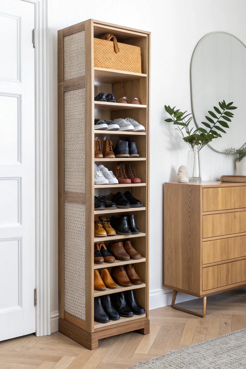 A slim shoe cabinet tower keeps every pair visible, parked, and your closet floor clutter-free.