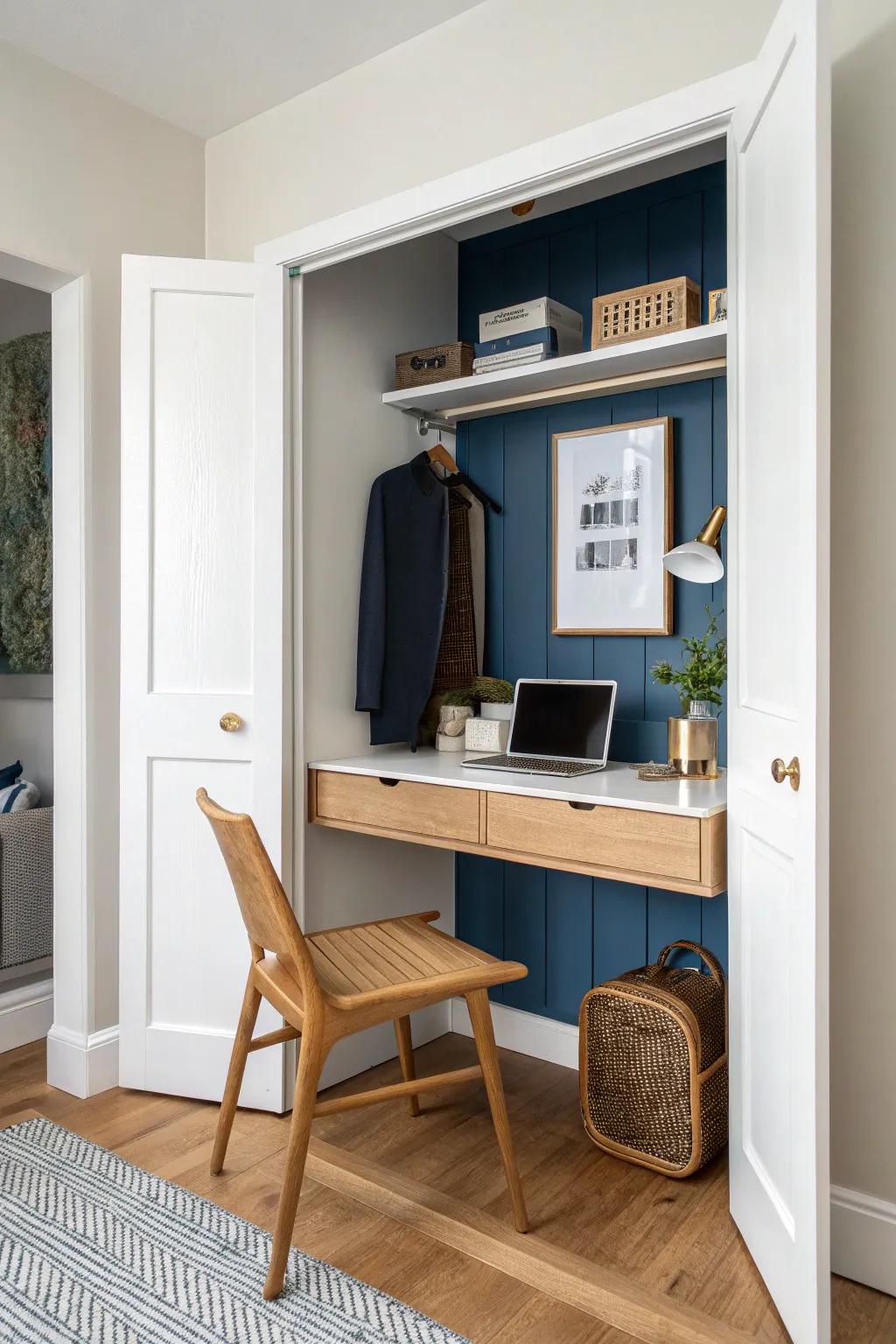 A slim closet desk keeps the pathway open—minimal footprint, big function in small rooms.